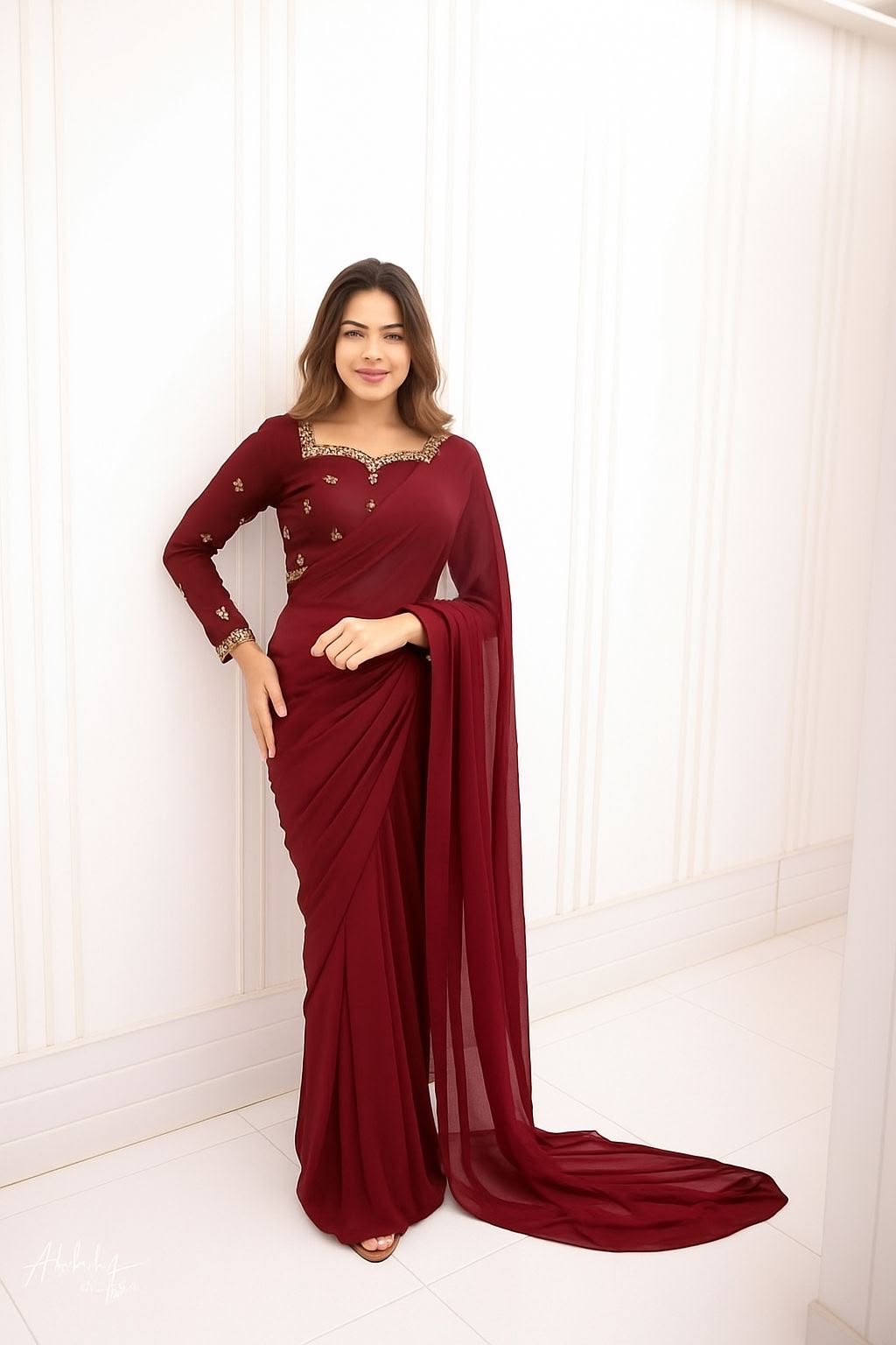 Embroidery Silk & Chiffon Saree